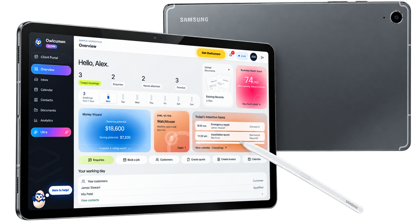 Samsung OwlTab showing the Owlcumen dashboard with S Pen